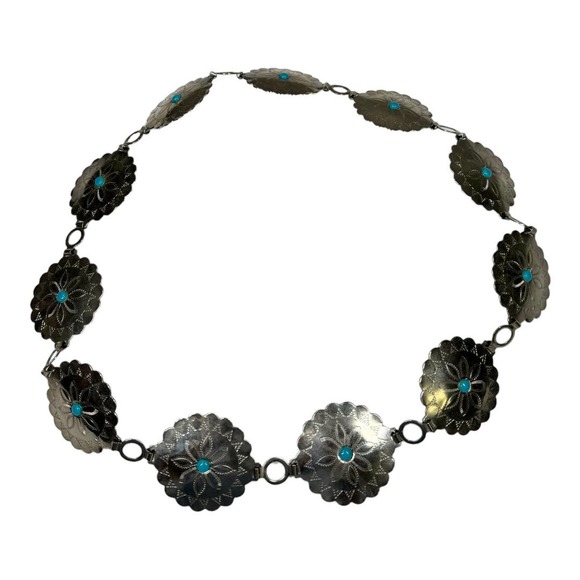 Boho Western Concho Flower Belt 32" One Size Silver Tone Metal Turquoise Chain - Picture 8 of 8